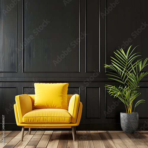 Living room interior has an yellow armchair on empty dark black wall background,Modern wooden living room,