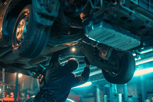 Mechanic Inspecting Car Undercarriage on Lift with Flashlight - Automotive Maintenance and Repair