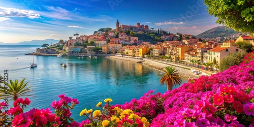 Seafront landscape with vibrant azalea flowers overlooking the picturesque coastal town on French Riviera, seafront, landscape, azalea flowers, coastal town, French Riviera, stunning