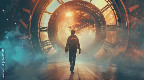 Young man using backpack walking to surrealistic clock, time travel concept. generative AI image
