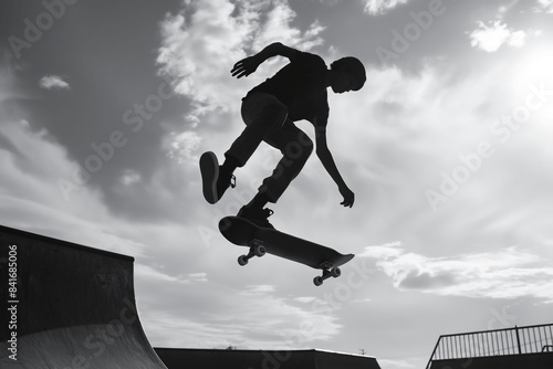 Young skateboarder doing kickflip in a skatepark