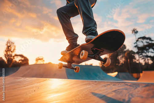 Young skateboarder doing kickflip in a skatepark at sunset