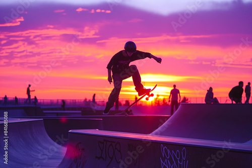 Young skateboarder doing kickflip in a skatepark at sunset