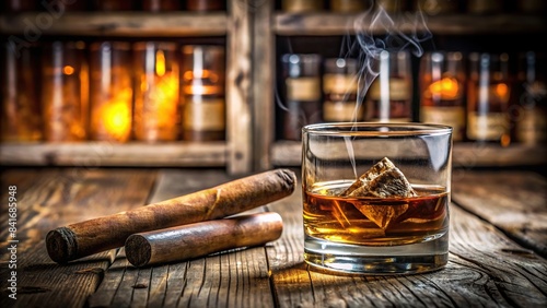 Whiskey glass with cigar resting on weathered wooden table in a vintage bar setting , luxury, alcohol, classic, relax, smoking, lounge, aged, vintage, tavern, beverage, drink, cheers, elegant