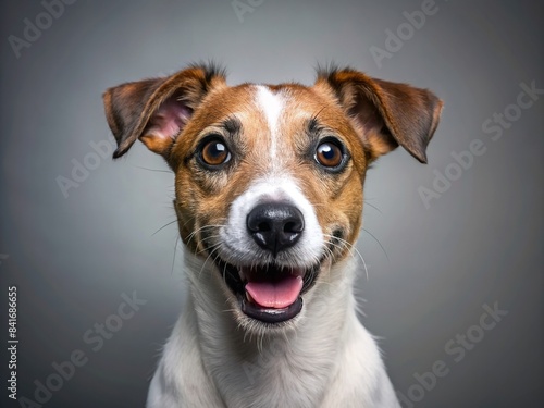 Playful Jack Russell dog with a mischievous expression, puppy, pet, canine, small, breed, furry, energetic, companion, adorable, fun, playful, curious, intelligent, lively, white, brown