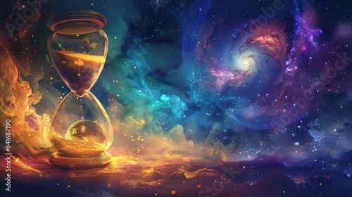 Hourglass with galaxy inside, nebula background. generative AI image