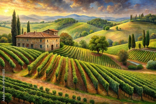 Oil painting of Tuscan Hills Winery featuring vineyards, rolling hills, and rustic buildings, Tuscan, Hills, Winery, Vineyards, Oil painting, Art, Landscape, Italy, Rustic, Buildings