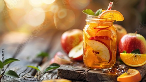 A glass jar of apple and orange jam
