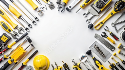 Top view of various monochrome construction tools for repair and installation on a white background, construction, tools, top view, monochrome, repair, installation, hammer, screwdriver
