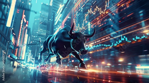 A dynamic bull running through a futuristic city filled with digital screens displaying stock prices and graphs indicating a strong and growing market presence bustling city life in the background
