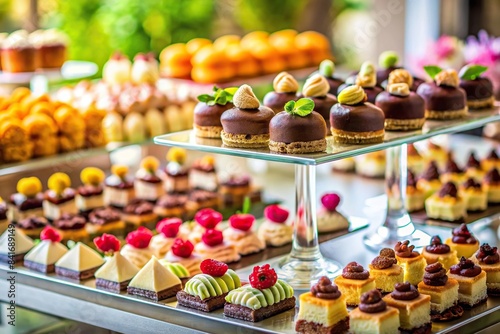 Petit fours displayed on a beautiful dessert table at a bakery, petit fours, desserts, beautiful, table, bakery, pastries, assortment, elegant, display, gourmet, colorful, sweet, treat, small