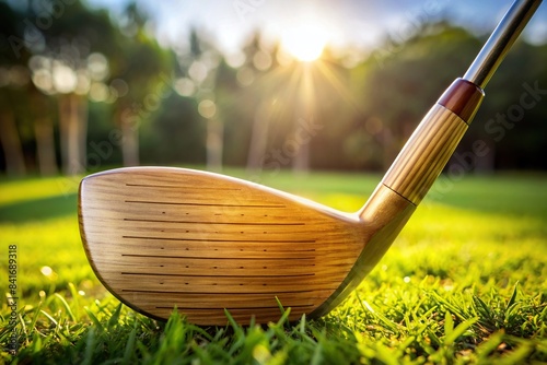 Close up shot of a wooden golf club head on the course , golf, club, wood, head, close up, equipment, sport, outdoor, course, green, game, recreation, round, swing, tee off, hole in one