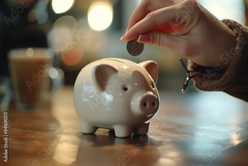 The hand put the money coin into the piggy in order to save money