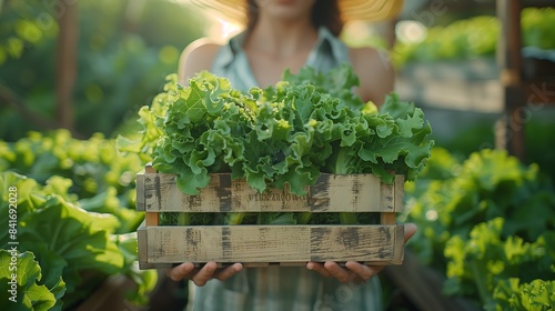 Crop faceless female farmer carrying wooden box with assorted green herbs in countryside with trees on summer day during harvesting season