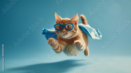 Flying superhero cat orange tabby kitten in cape and mask on pastel background, super cat concept
