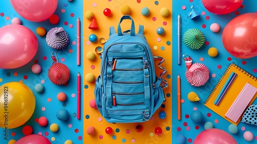 A top view of a festive-themed backpack filled with decorations like balloons, streamers, and school supplies, neatly arranged with clear copy space in the center.