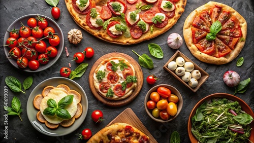 Italian cuisine spread with pizza, ravioli, carpaccio, caprese salad, and tomato bruschetta on black background. Top view, Italian, cuisine, food, spread, pizza, ravioli, carpaccio
