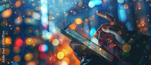 A person's hand using a tablet with colorful bokeh lights as the background, symbolizing technology and connectivity.