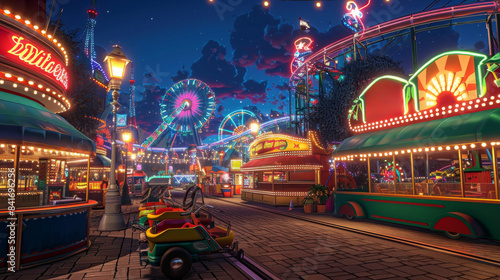 A neon-lit amusement park with a Ferris wheel and a carousel. Festival