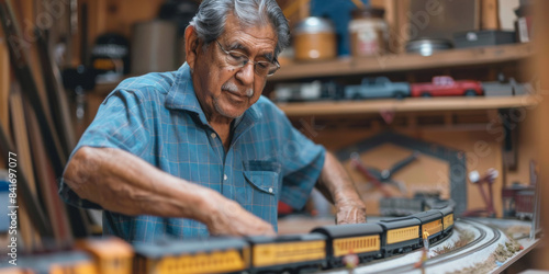 a Hispanic retired man building a model railroad in his basement