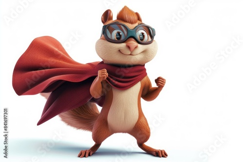 Illustration of a cartoon squirrel dressed as a superhero with a cape and goggles