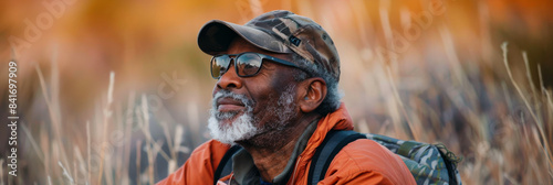 an African American retired man birdwatching in a national park
