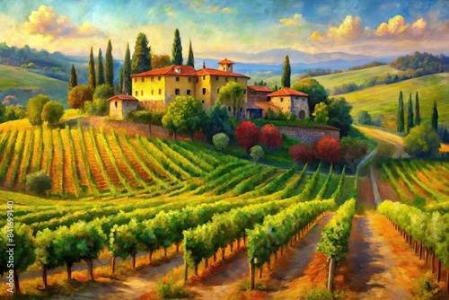 Oil paint of Tuscan Hills Winery with vibrant colors and detailed brush strokes, Tuscany, hills, winery, vineyard, grapes, wine, Italian countryside, landscape, rustic, rural, farm