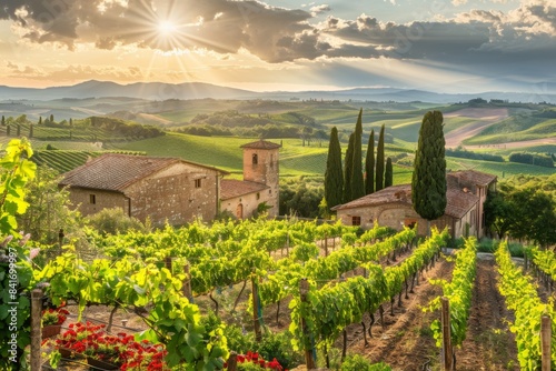 A vineyard with a house, sun shining through the clouds