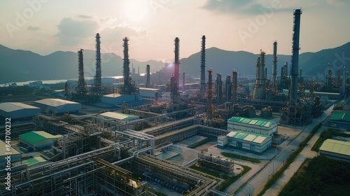 Aerial view Oil refinery. with a background of the sea and sky. The factory is located in the middle of nature and no emissions. The area around the air pure. Top view. 