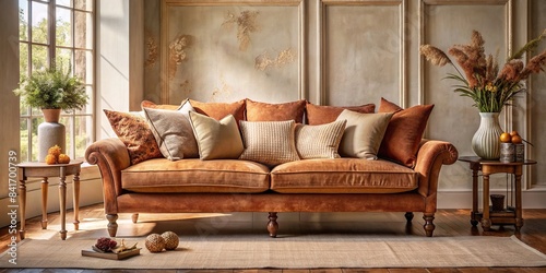 A cozy Proven?al sofa with plump cushions in earthy tones of ochre, terracotta, and warm beige, bathed in soft, natural light, provencal, sofa, cushions, earth tones, ochre, terracotta