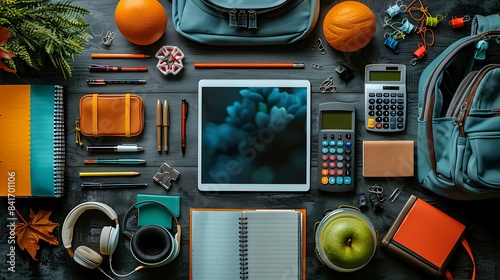 A top view of a trendy backpack with tech gadgets like a tablet, headphones, and a scientific calculator, combined with traditional school supplies like notebooks and pens.