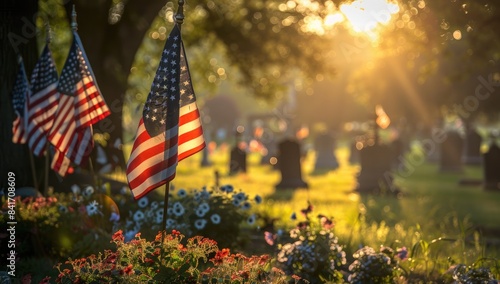 American flags placed at military graves, solemn and respectful, Memorial Day tribute to fallen soldiers, serene cemetery landscape
