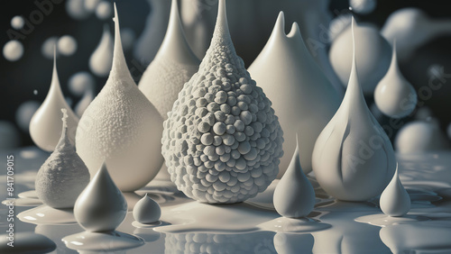 A stunning cinematic 3D render illustration of abstract milk drops, each with unique and intricate textures.