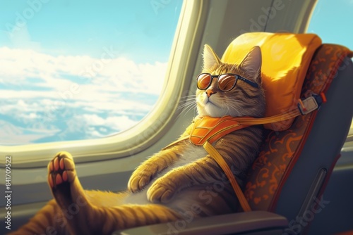 Cartoon cat with sunglasses sits comfortably in a plane seat, gazing out the window