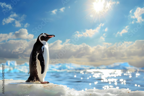 Global warming concept, a penguin on an ice floe in the South Pole, with a striking blue sea and the bright, hot sun overhead