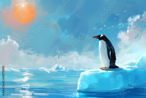 Global warming concept, a penguin on an ice floe in the South Pole, with a striking blue sea and the bright, hot sun overhead