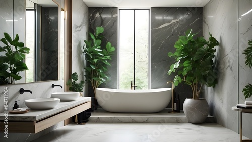 Minimalist Chic: Grey Marble Panels and Simple Green Accents in a Modern Bathroom, Sleek and Elegant: Grey Marble Panels Paired with Subtle Green Touches in a Contemporary Bathroom, Modern Bath Oasis