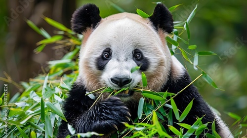 adorable giant panda contentedly munching on fresh bamboo wildlife photograph