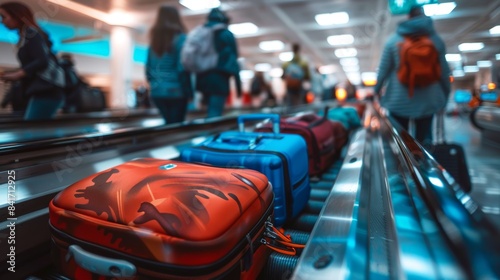 Vibrant Luggage on Conveyor Belt in Busy Airport Terminal