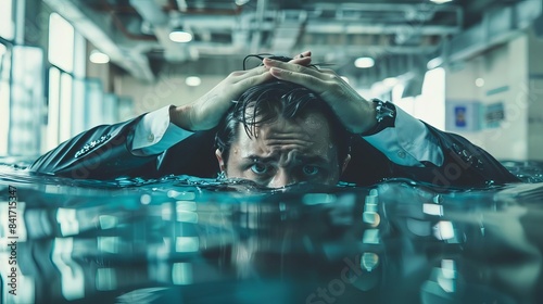 businessman drowning in water at his workplace depicting burnout overwork and mental health crisis conceptual photo
