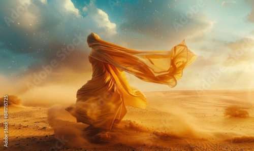 Ethereal Woman Draped in Yellow Cloak Amidst a Sandstorm in Desert Landscape: Ideal for Fantasy, Adventure, and Inspirational Projects