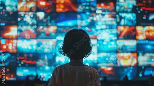 Back view of a boy child head in front of a huge tv, tv addiction, attention deficit disorder, zombied by tv, ai generated