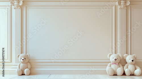 Baby shower banner Background: Elegant white with soft toys, for product display 
