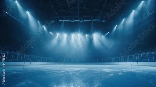 dramatic ice hockey arena with bright spotlights and blue hues sports background
