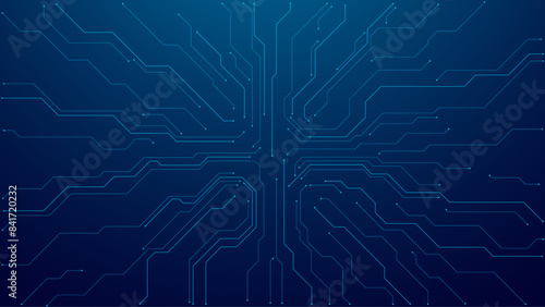 Abstract digital circuit board on technology blue background. Circuit connected lines and dots on abstract motherboard. Navy gradient tech bg. AI innovation concept. Futuristic vector illustration.