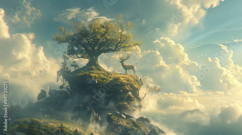 Deer stands on a rocky cliff next to a lone tree, overlooking water