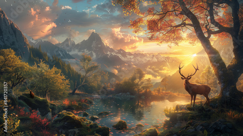 A deer drinks from a river in a peaceful sunset forest. Sunlight filters through the trees,