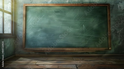 empty chalkboard in classroom with chalk dust and erasure marks concept illustration