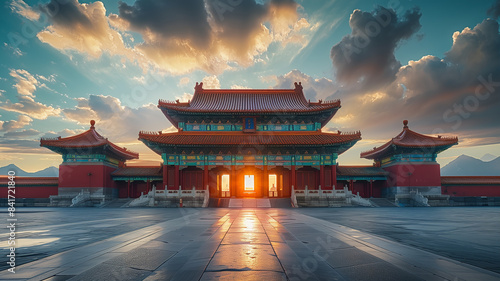 The gate of supreme harmony is shining during golden hour at forbidden city in beijing, china