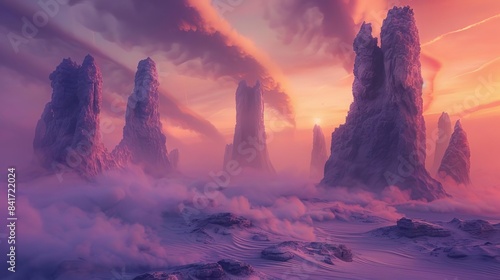 ethereal rocky desert landscape with towering formations and swirling sandstorms at dusk digital fantasy painting